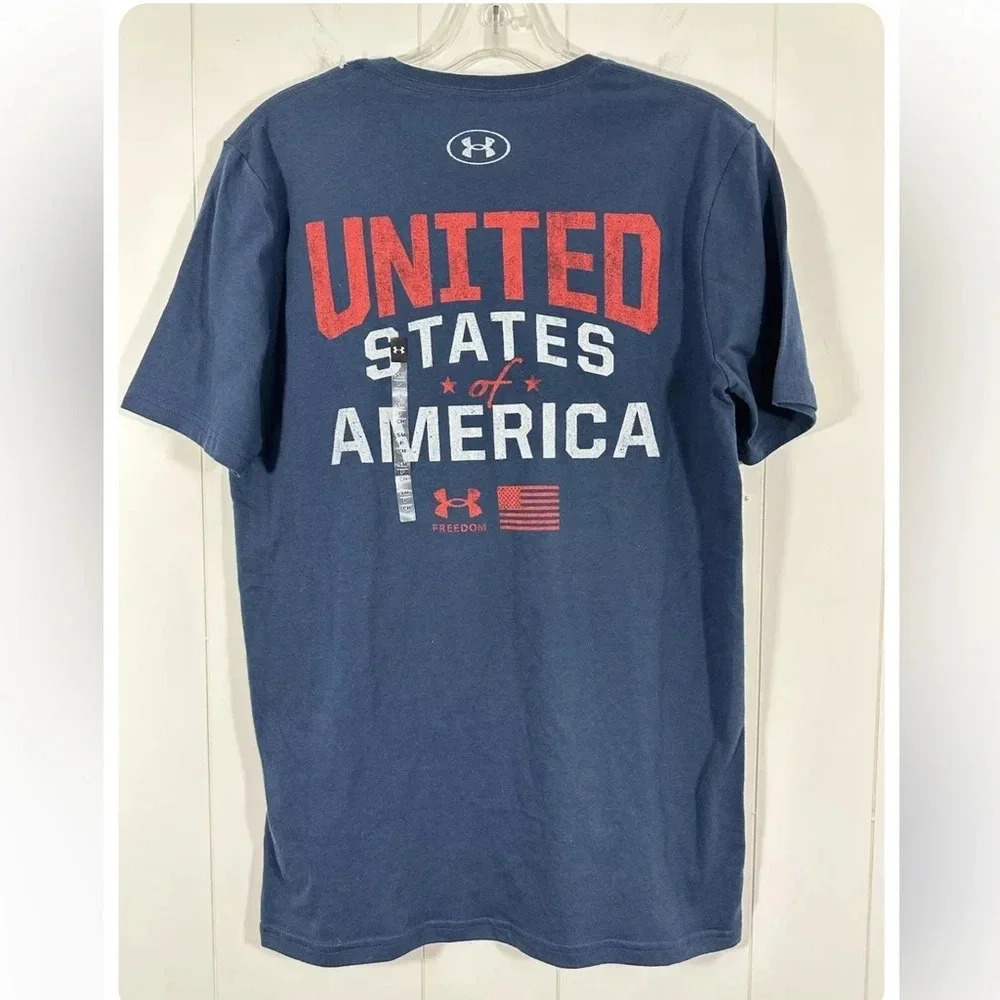 Under Armour United States of America Navy Loose Shirt Sz SM Flag Logo